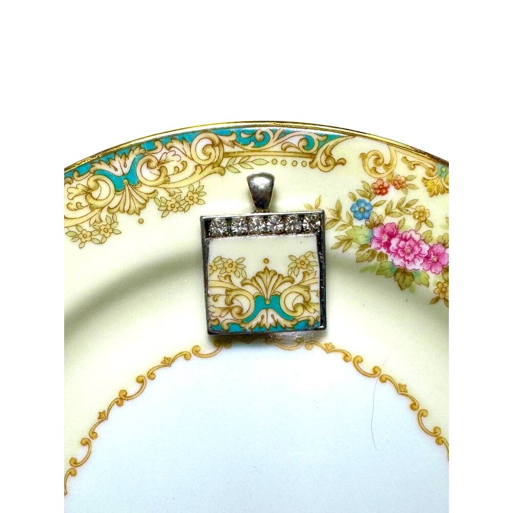 Upcycled  Noritake Carmela Pendant Necklace With Rhinestones & Silver Tone Chain